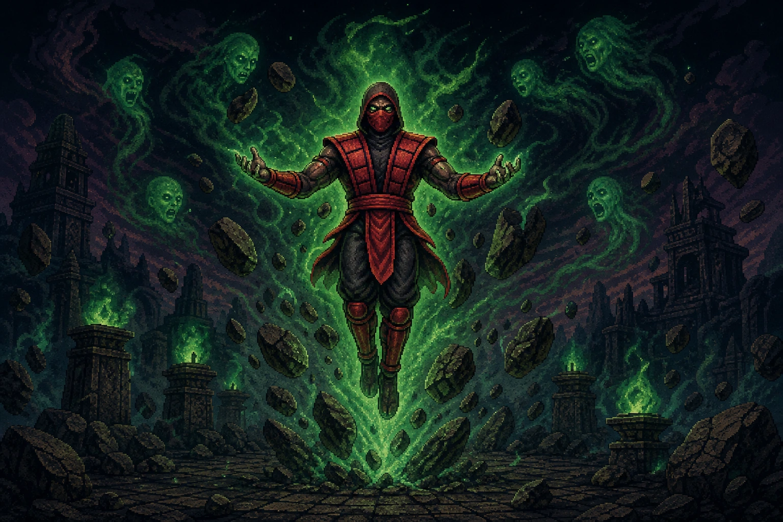 Ermac levitando com poderes telequinéticos e almas ao redor em estilo pixel art 16-bit Ermac levitando com poderes telequinéticos e almas ao redor em estilo pixel art 16-bit