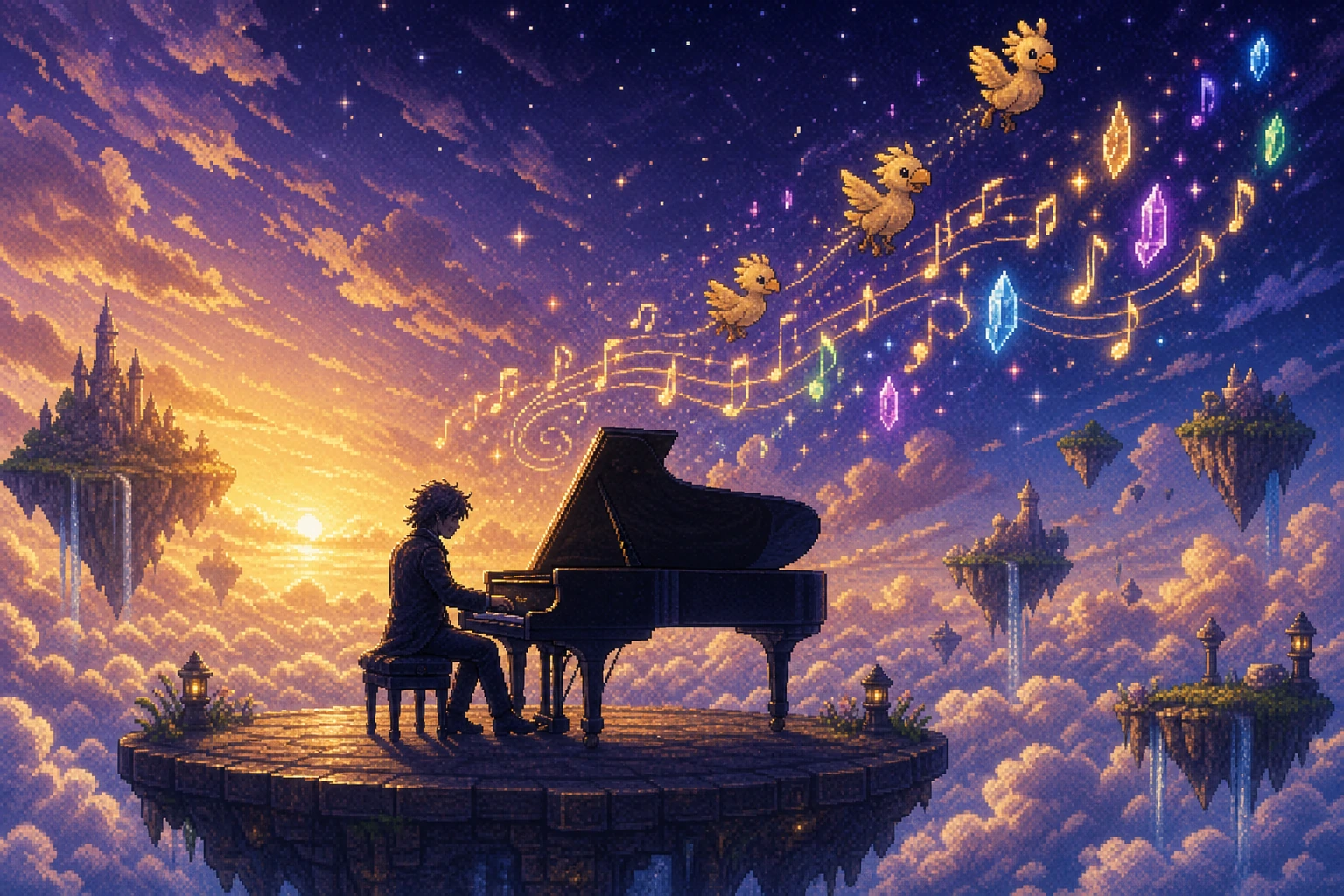 Tributo a Nobuo Uematsu ao piano com notas se transformando em cristais e Chocobos de Final Fantasy Tributo a Nobuo Uematsu ao piano com notas se transformando em cristais e Chocobos de Final Fantasy