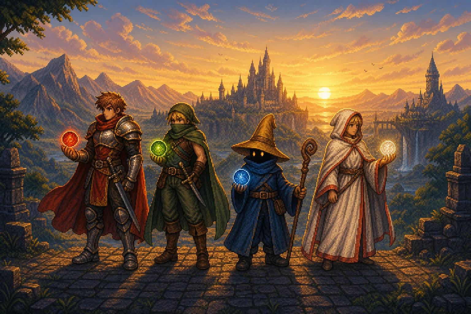 Os quatro Guerreiros da Luz de Final Fantasy I em formação épica ao amanhecer Os quatro Guerreiros da Luz de Final Fantasy I em formação épica ao amanhecer