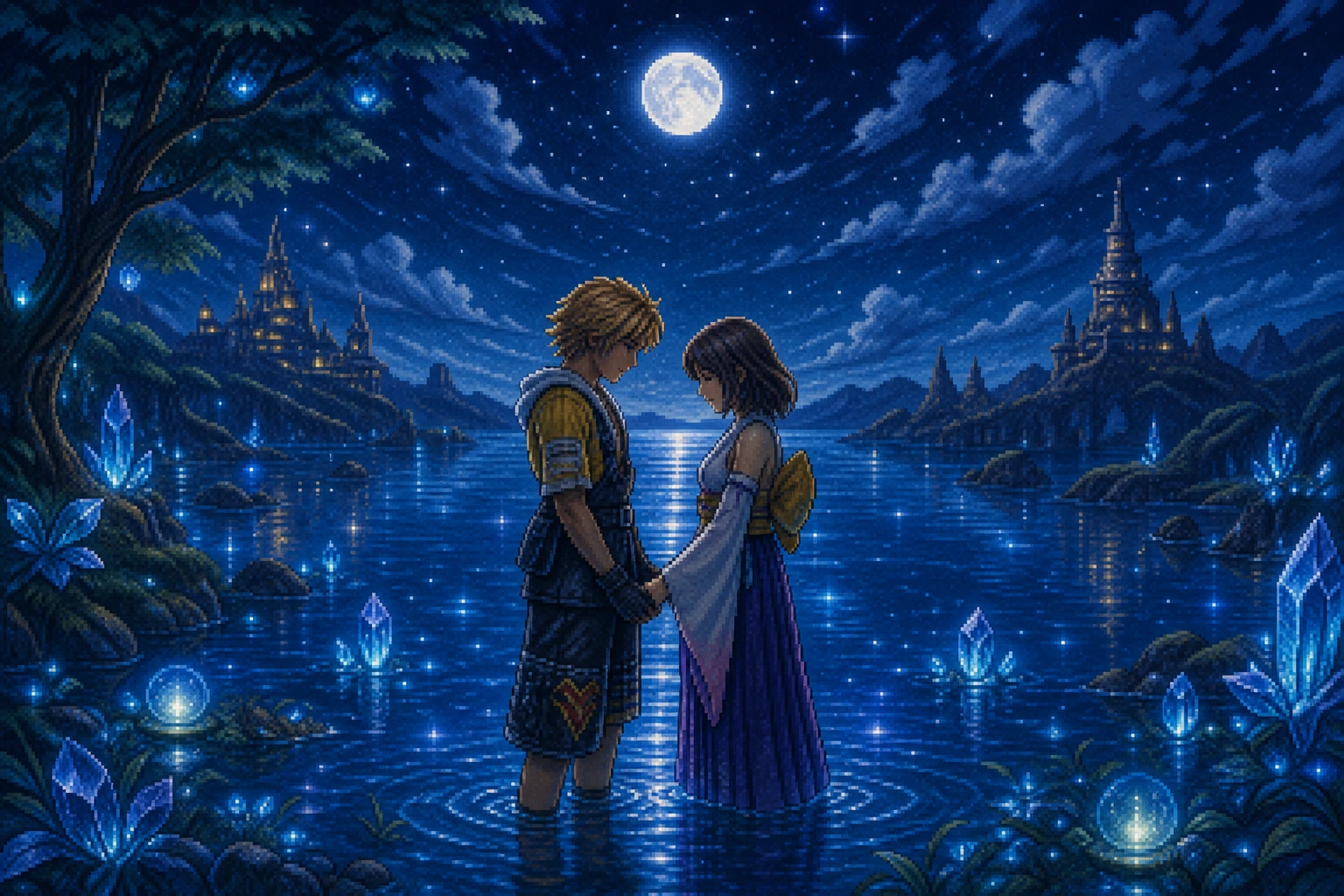Tidus e Yuna em cena icônica no Lago Macalania de Final Fantasy X em estilo pixel art Tidus e Yuna em cena icônica no Lago Macalania de Final Fantasy X em estilo pixel art