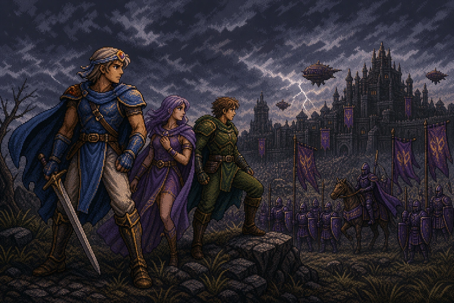 Firion e seus companheiros em paisagem medieval sombria com o Império Palamecia ao fundo Firion e seus companheiros em paisagem medieval sombria com o Império Palamecia ao fundo