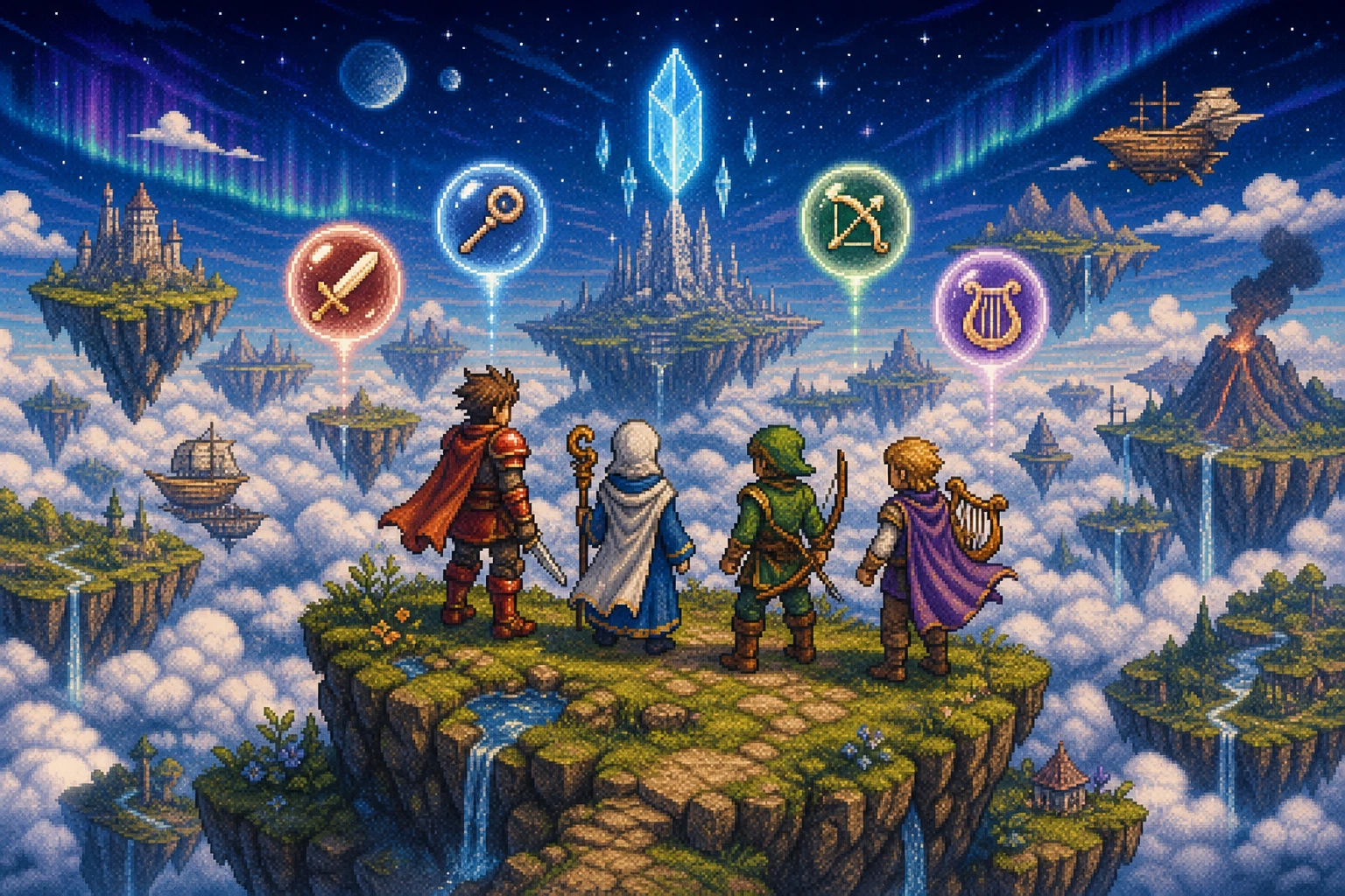 Os quatro protagonistas de Final Fantasy III em ilha flutuante com símbolos do sistema de Jobs ao redor Os quatro protagonistas de Final Fantasy III em ilha flutuante com símbolos do sistema de Jobs ao redor
