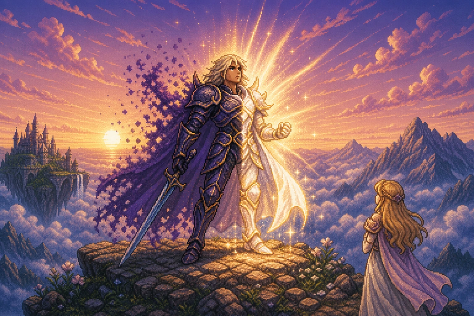 Cecil de Final Fantasy IV se transformando de Cavaleiro Negro em Paladino no topo da montanha Cecil de Final Fantasy IV se transformando de Cavaleiro Negro em Paladino no topo da montanha