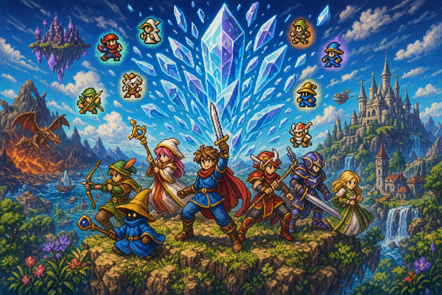 Bartz e companheiros de Final Fantasy V com cristal se fragmentando ao fundo em estilo pixel art colorido Bartz e companheiros de Final Fantasy V com cristal se fragmentando ao fundo em estilo pixel art colorido