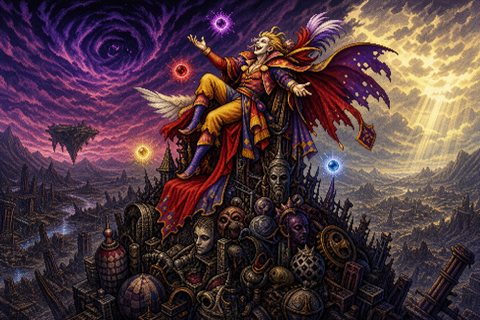 Kefka Palazzo como deus da magia em sua torre de ruínas em estilo pixel art 16-bit Kefka Palazzo como deus da magia em sua torre de ruínas em estilo pixel art 16-bit