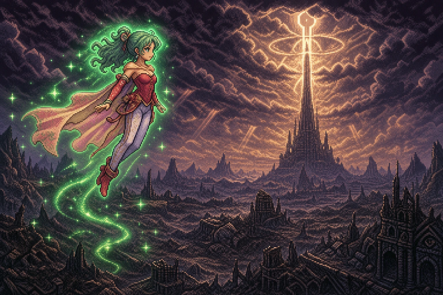 Terra voando sobre o Mundo em Ruínas de Final Fantasy VI com a torre de Kefka ao fundo Terra voando sobre o Mundo em Ruínas de Final Fantasy VI com a torre de Kefka ao fundo