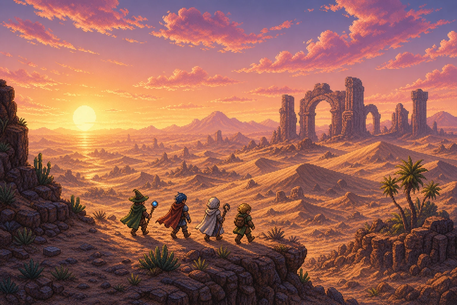 Grupo de heróis de Final Fantasy VI caminhando determinados pelo Mundo em Ruínas Grupo de heróis de Final Fantasy VI caminhando determinados pelo Mundo em Ruínas