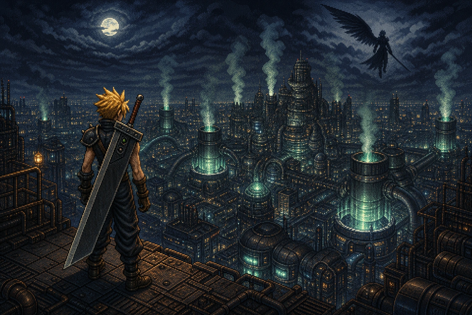 Cloud em Midgar com reatores de Mako brilhando e a silhueta de Sephiroth ao fundo em estilo pixel art Cloud em Midgar com reatores de Mako brilhando e a silhueta de Sephiroth ao fundo em estilo pixel art