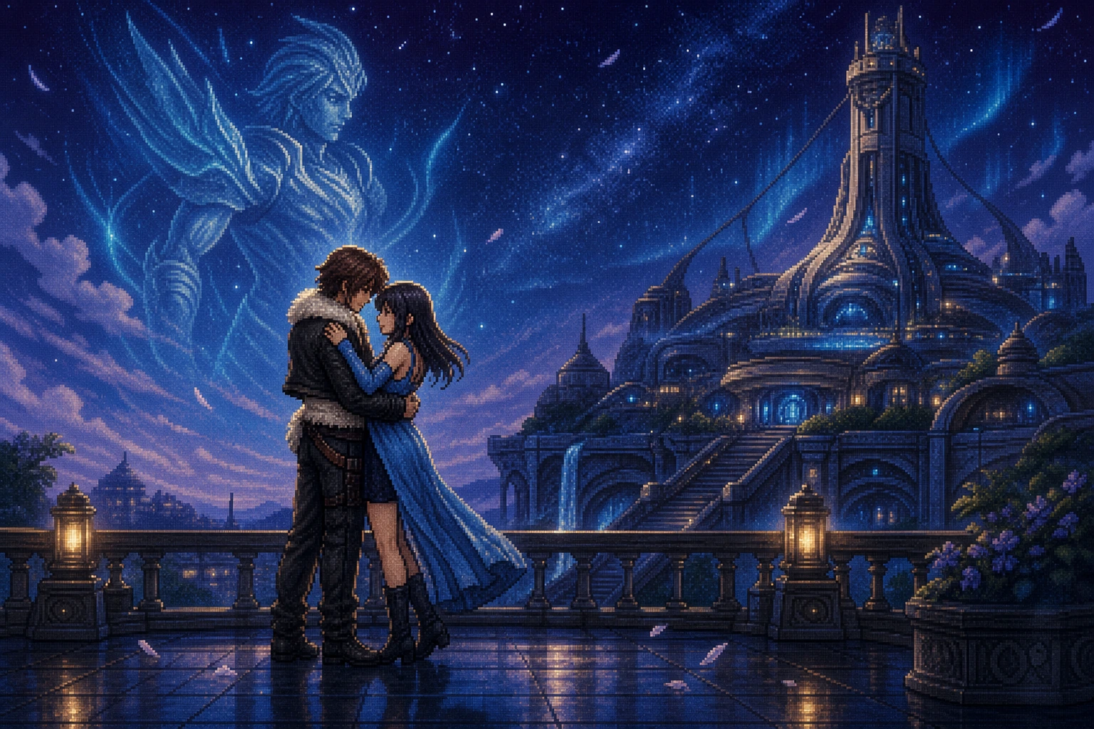 Squall e Rinoa dançando sob o céu estrelado de Final Fantasy VIII em estilo pixel art Squall e Rinoa dançando sob o céu estrelado de Final Fantasy VIII em estilo pixel art
