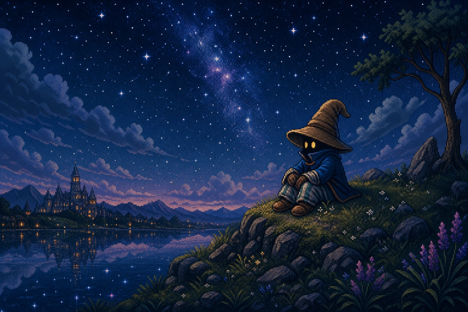 Vivi Ornitier sentado sozinho sob o céu estrelado em momento de reflexão existencial Vivi Ornitier sentado sozinho sob o céu estrelado em momento de reflexão existencial