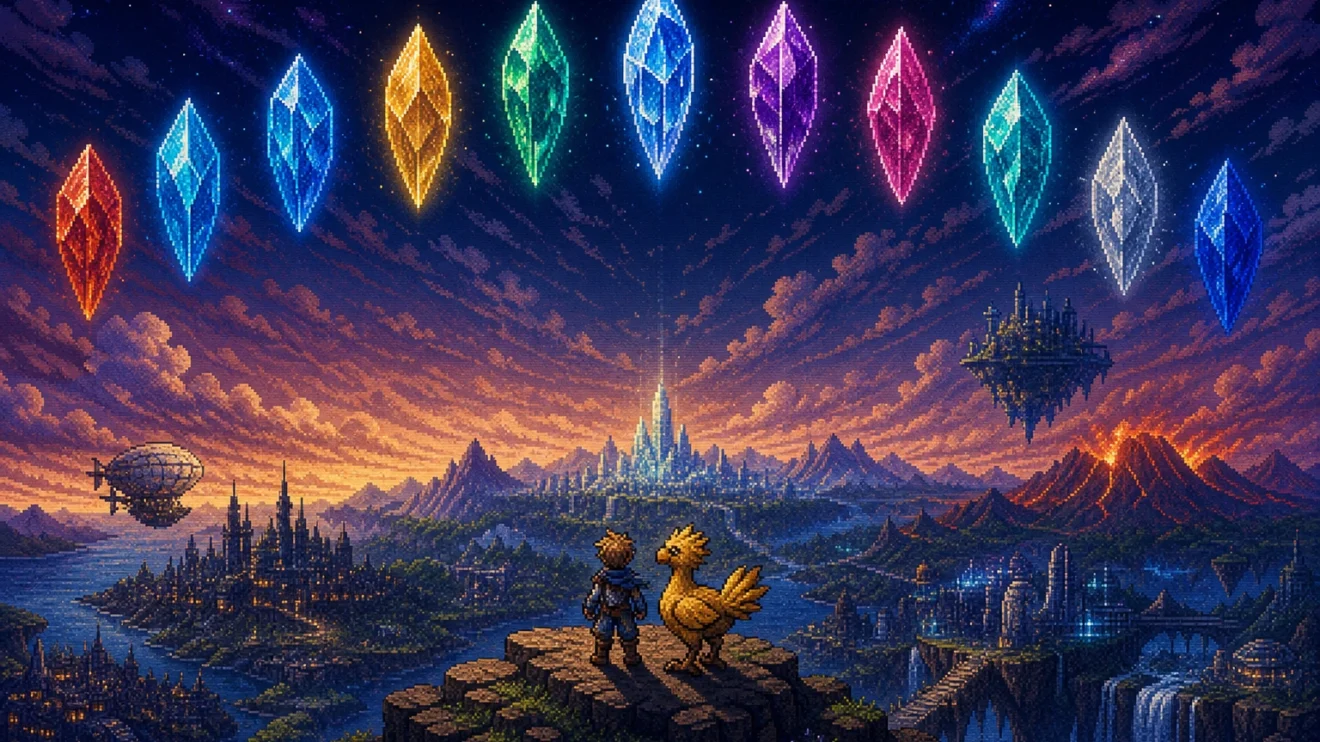 Os dez Final Fantasy representados como cristais coloridos em panorama de fantasia clássica