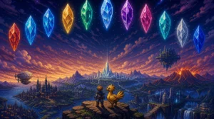 Os dez Final Fantasy representados como cristais coloridos em panorama de fantasia clássica