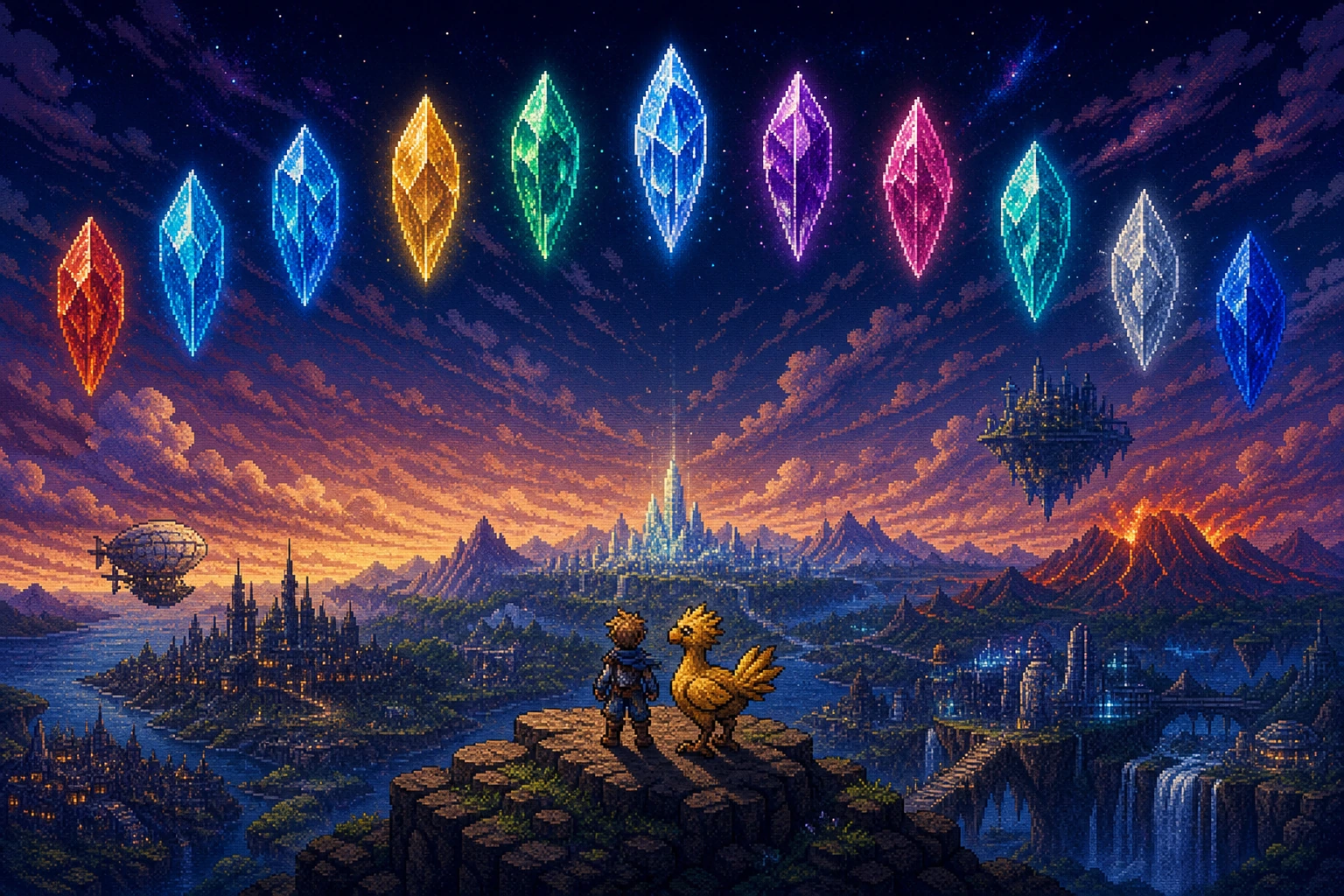 Os dez Final Fantasy representados como cristais coloridos em panorama de fantasia clássica Os dez Final Fantasy representados como cristais coloridos em panorama de fantasia clássica