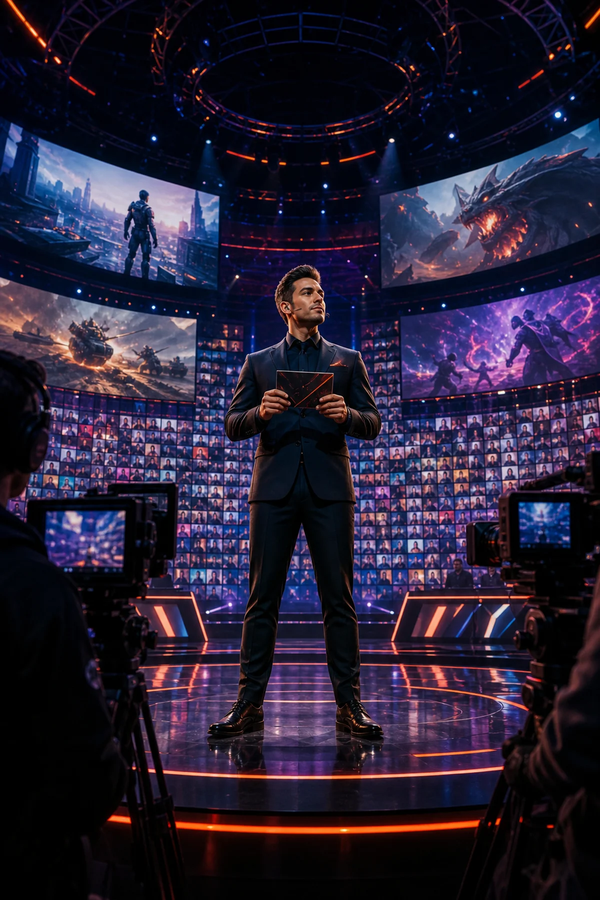 Apresentador de evento gamer simbolizando Geoff Keighley e a nova era dos showcases digitais