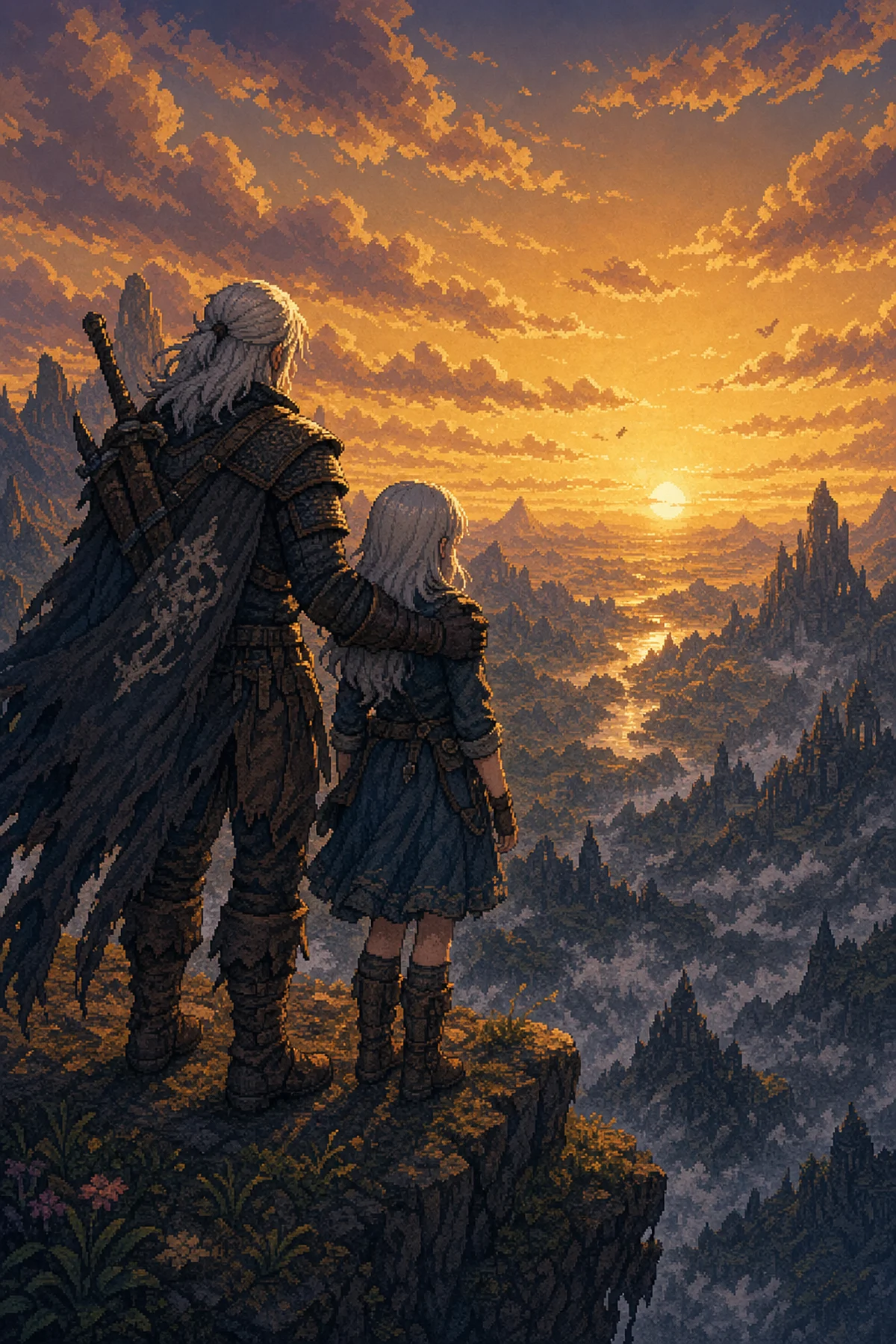 Geralt e Ciri lado a lado num penhasco olhando para o horizonte em momento de calor emocional pai e filha
