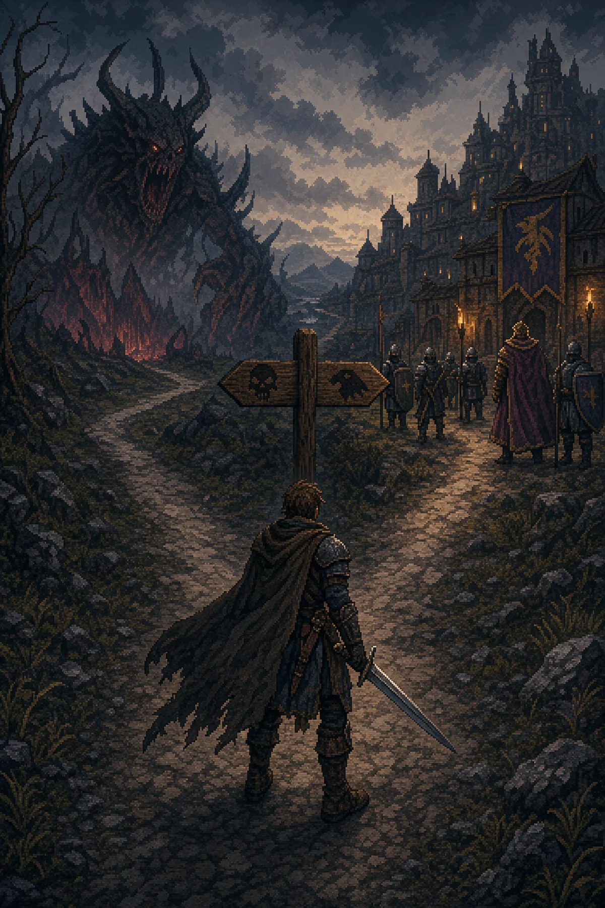 Geralt diante de uma escolha moral impossível entre dois males em atmosfera de fantasia sombria