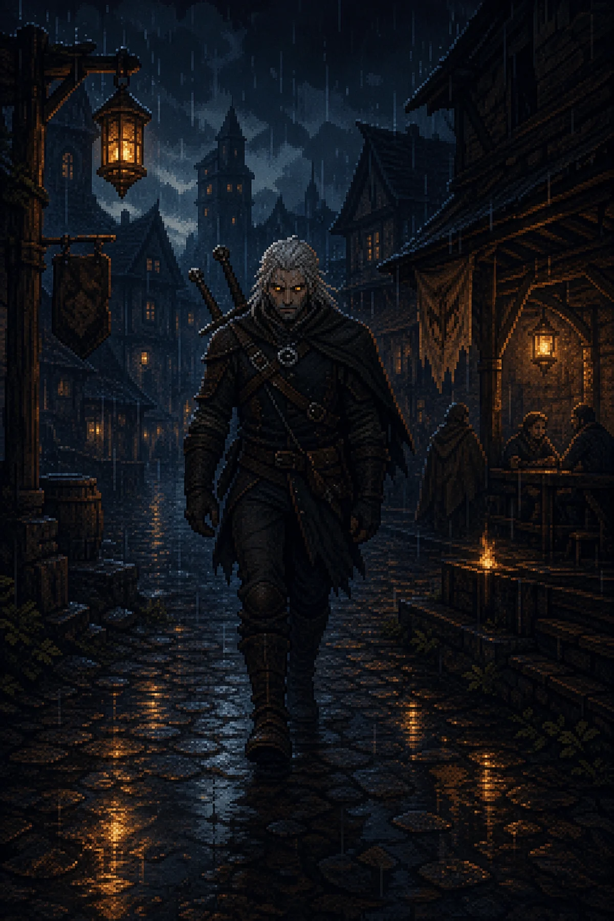 Geralt de Rívia caminhando por aldeia medieval chuvosa à noite com seus dois gládios nas costas