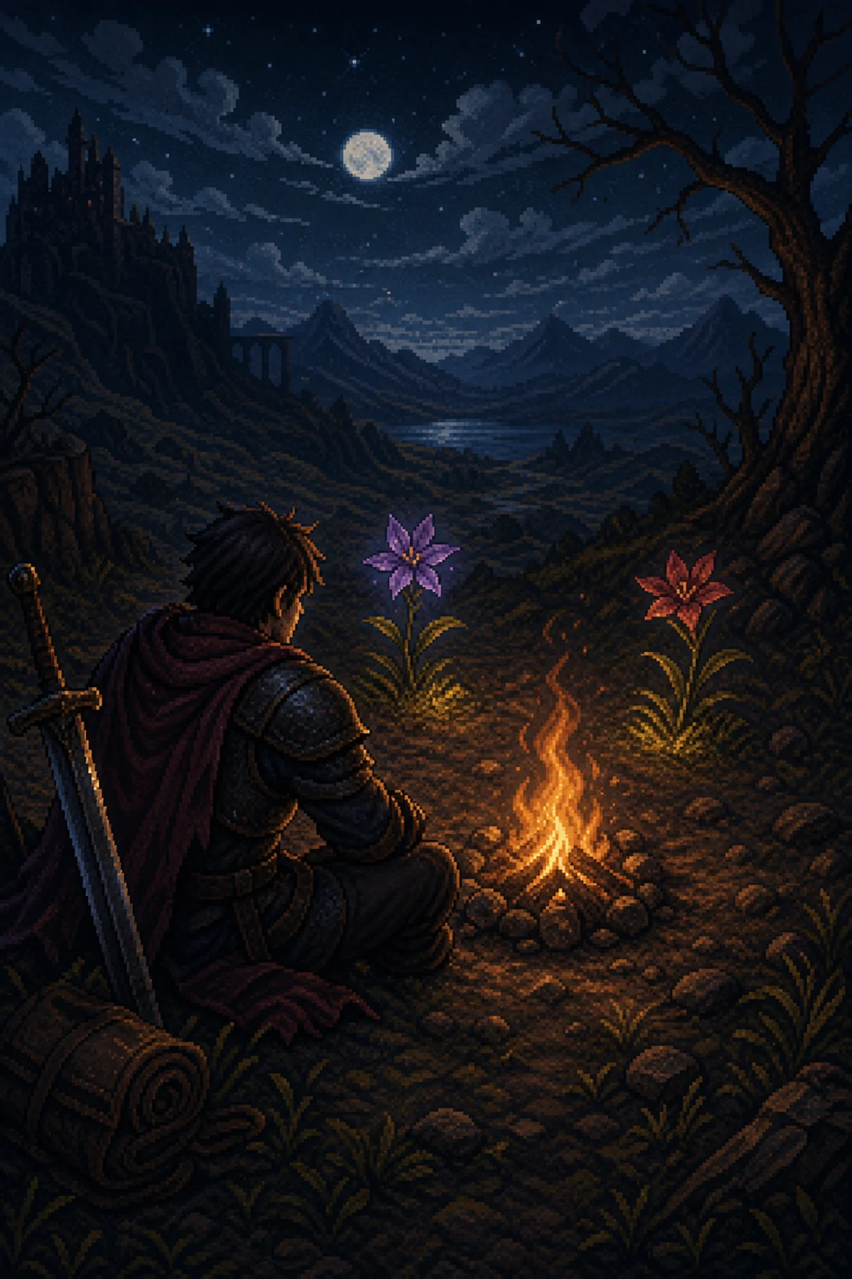 Geralt diante da fogueira contemplando a escolha impossível entre Yennefer e Triss simbolizada por duas flores