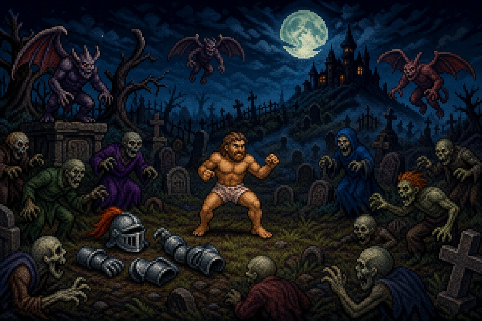 Arthur de Ghosts 'n Goblins em cueca cercado de demônios no cemitério em estilo pixel art Arthur de Ghosts 'n Goblins em cueca cercado de demônios no cemitério em estilo pixel art