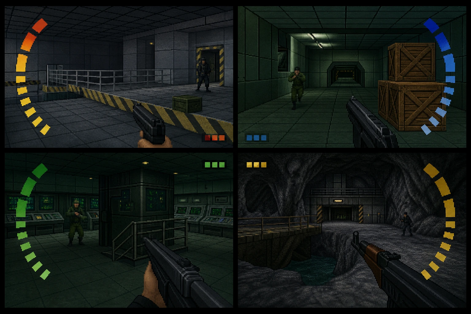 GoldenEye 007 com sua icônica tela dividida em quatro partes para multiplayer no N64 GoldenEye 007 com sua icônica tela dividida em quatro partes para multiplayer no N64