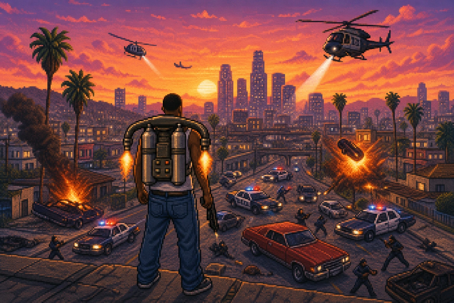 CJ de GTA San Andreas com jetpack em meio ao caos de Los Santos em estilo pixel art CJ de GTA San Andreas com jetpack em meio ao caos de Los Santos em estilo pixel art