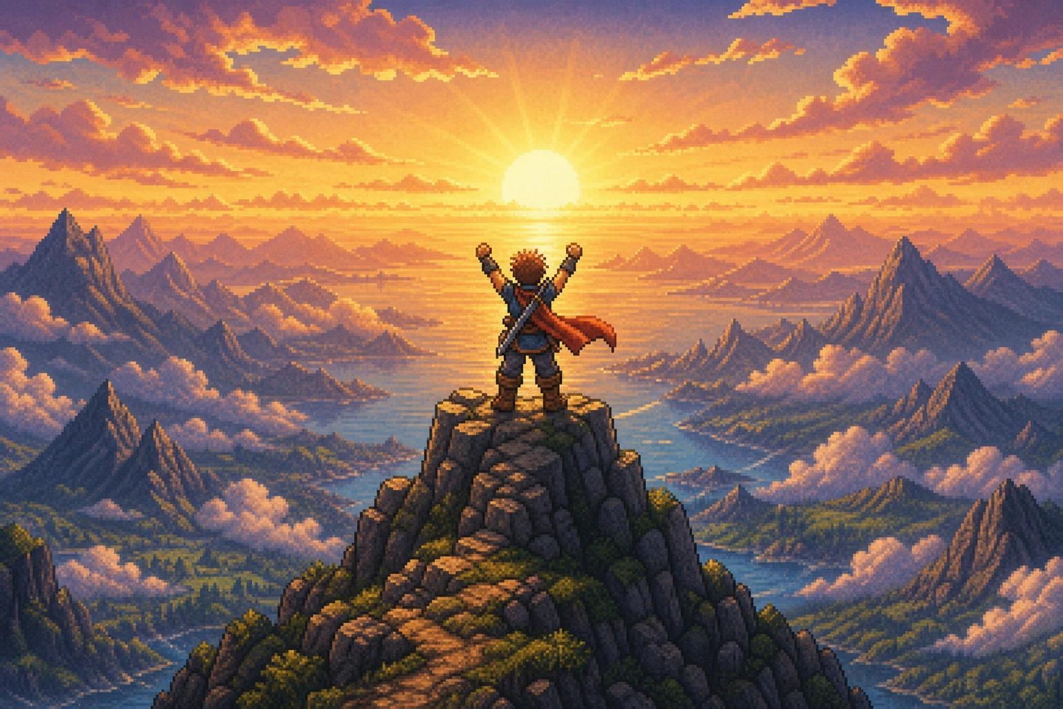 Herói pixel art no topo da montanha ao amanhecer após superar todos os desafios Herói pixel art no topo da montanha ao amanhecer após superar todos os desafios