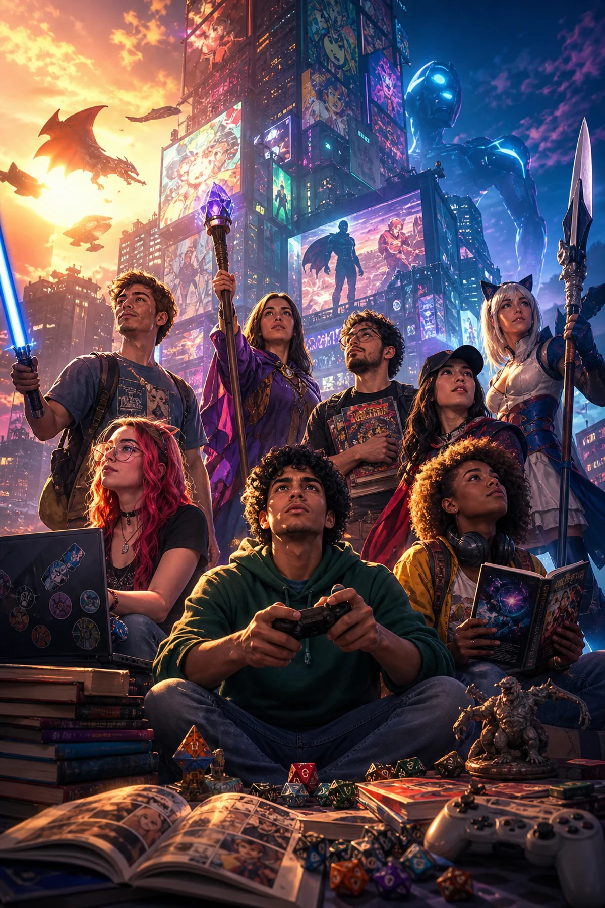 Grupo diverso representando a ascensão da cultura geek com games, quadrinhos, RPG, animes e tecnologia