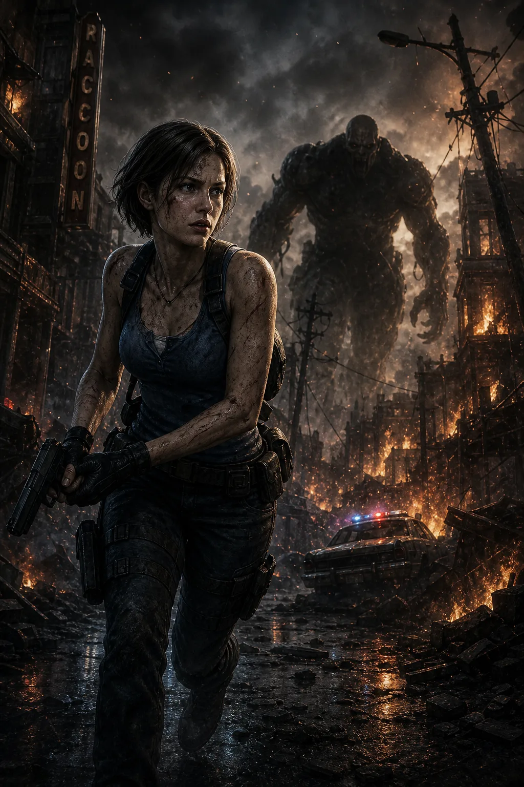 Jill Valentine sendo caçada por Nemesis nas ruas de Raccoon City Jill Valentine sendo caçada por Nemesis nas ruas de Raccoon City