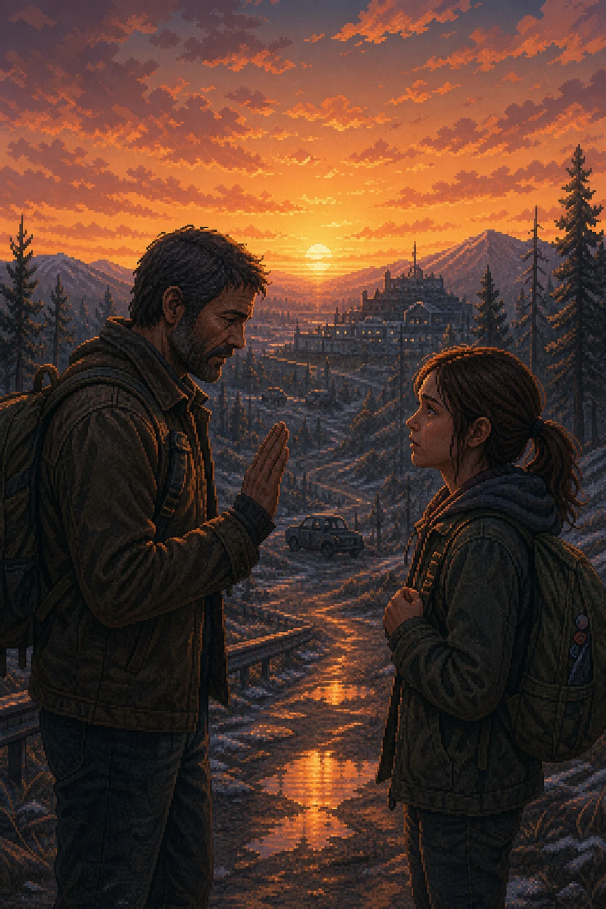 Joel jurando para Ellie na estrada de Wyoming, o pôr do sol ao fundo e a mentira no ar