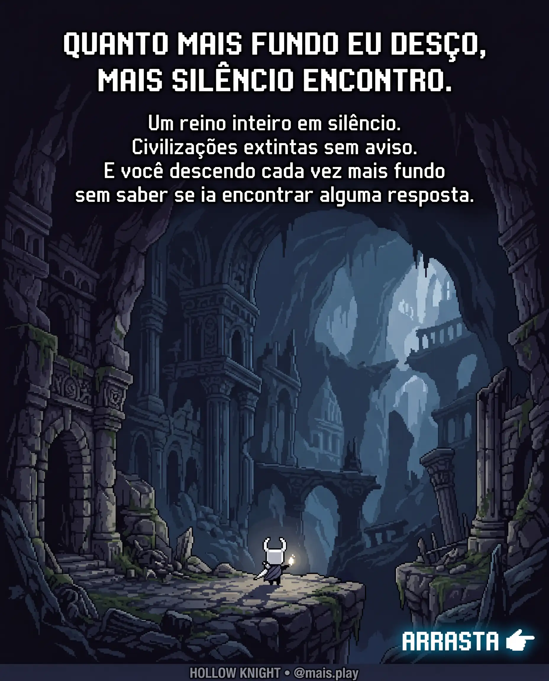 O Cavaleiro em pixel art estilo JRPG — Hollow Knight, pequeno guerreiro solitário na entrada de caverna imensa em reino subterrâneo abandonado