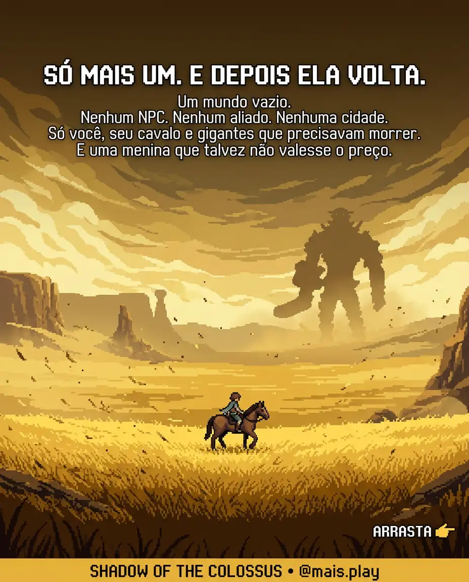 Wander em pixel art estilo JRPG — Shadow of the Colossus, cavaleiro solitário atravessando campo vazio em direção a colosso distante