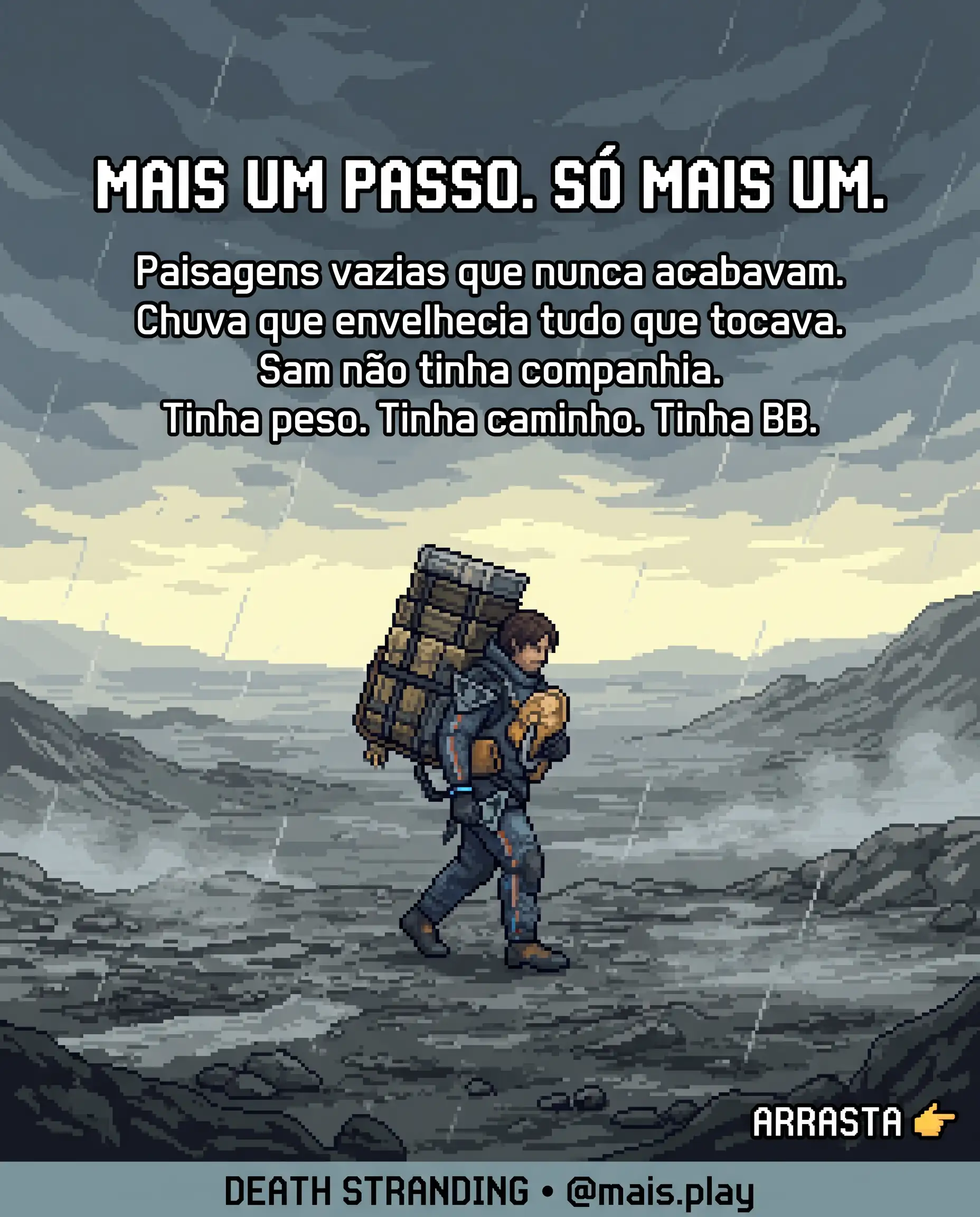 Sam Bridges em pixel art estilo JRPG — Death Stranding, carregador solitário atravessando paisagem desolada com BB no peito