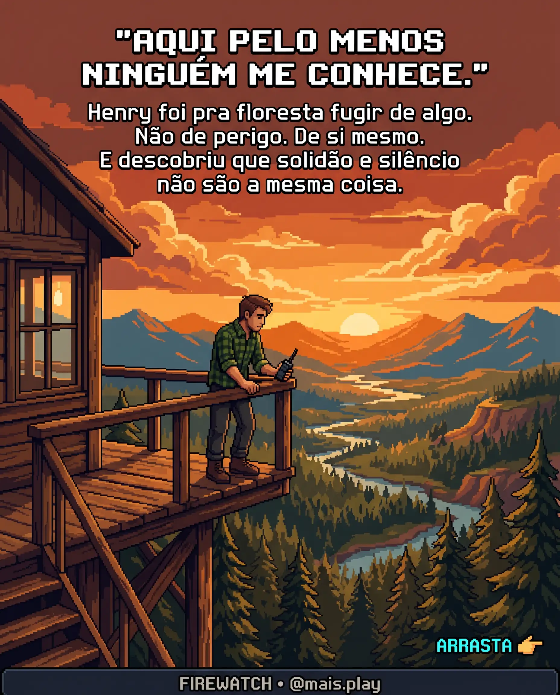 Henry em pixel art estilo JRPG — Firewatch, vigia florestal sozinho na torre de observação ao pôr do sol no Wyoming