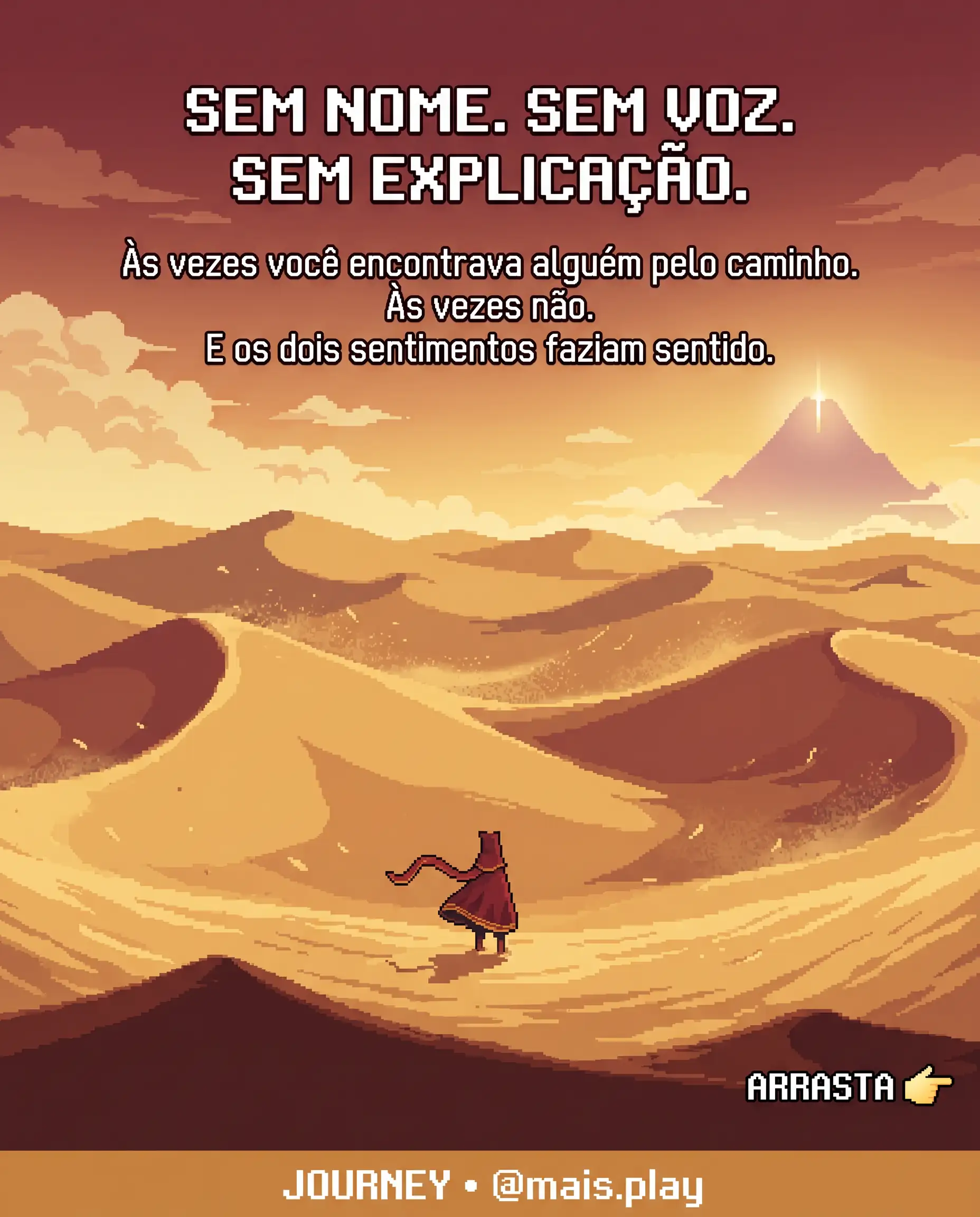 Viajante em pixel art estilo JRPG — Journey, figura solitária no deserto de areia com montanha iluminada ao fundo