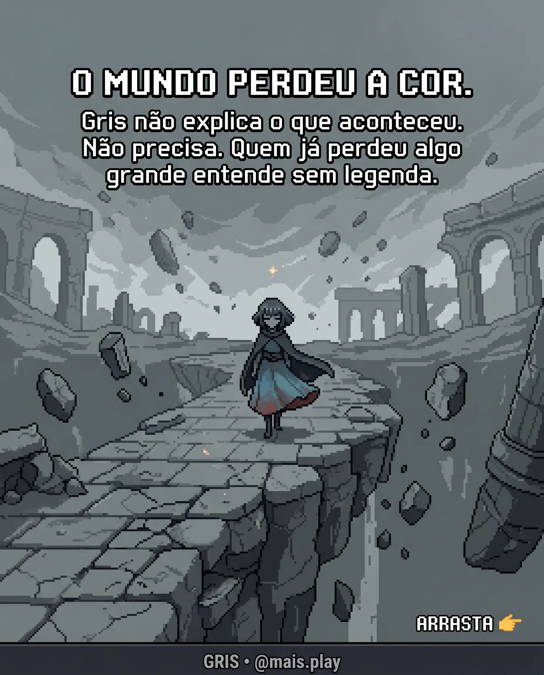 Gris em pixel art estilo JRPG — Gris jogo indie, protagonista sozinha em mundo descolorido que começa a recuperar vida