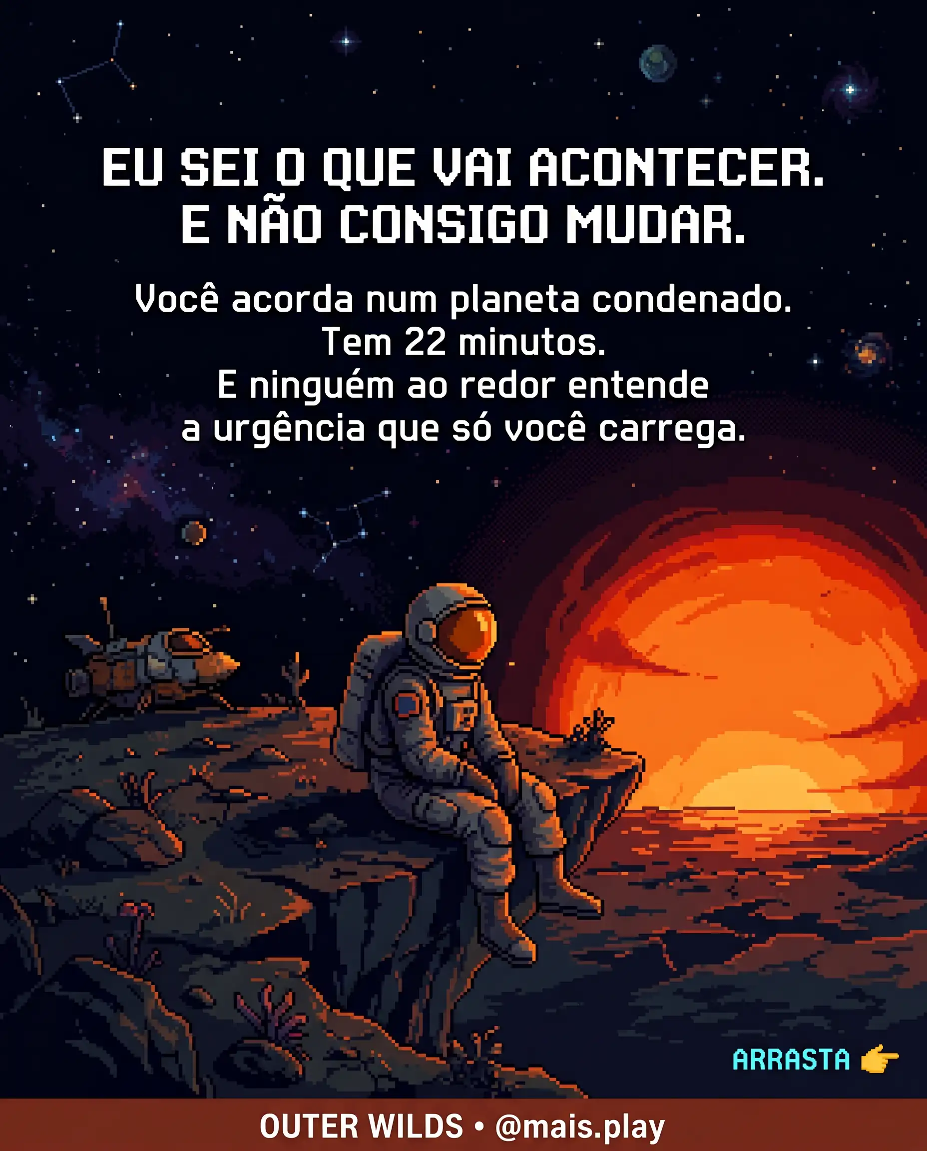 Astronauta em pixel art estilo JRPG — Outer Wilds, explorador solitário num planeta condenado observando o sol expandir no horizonte
