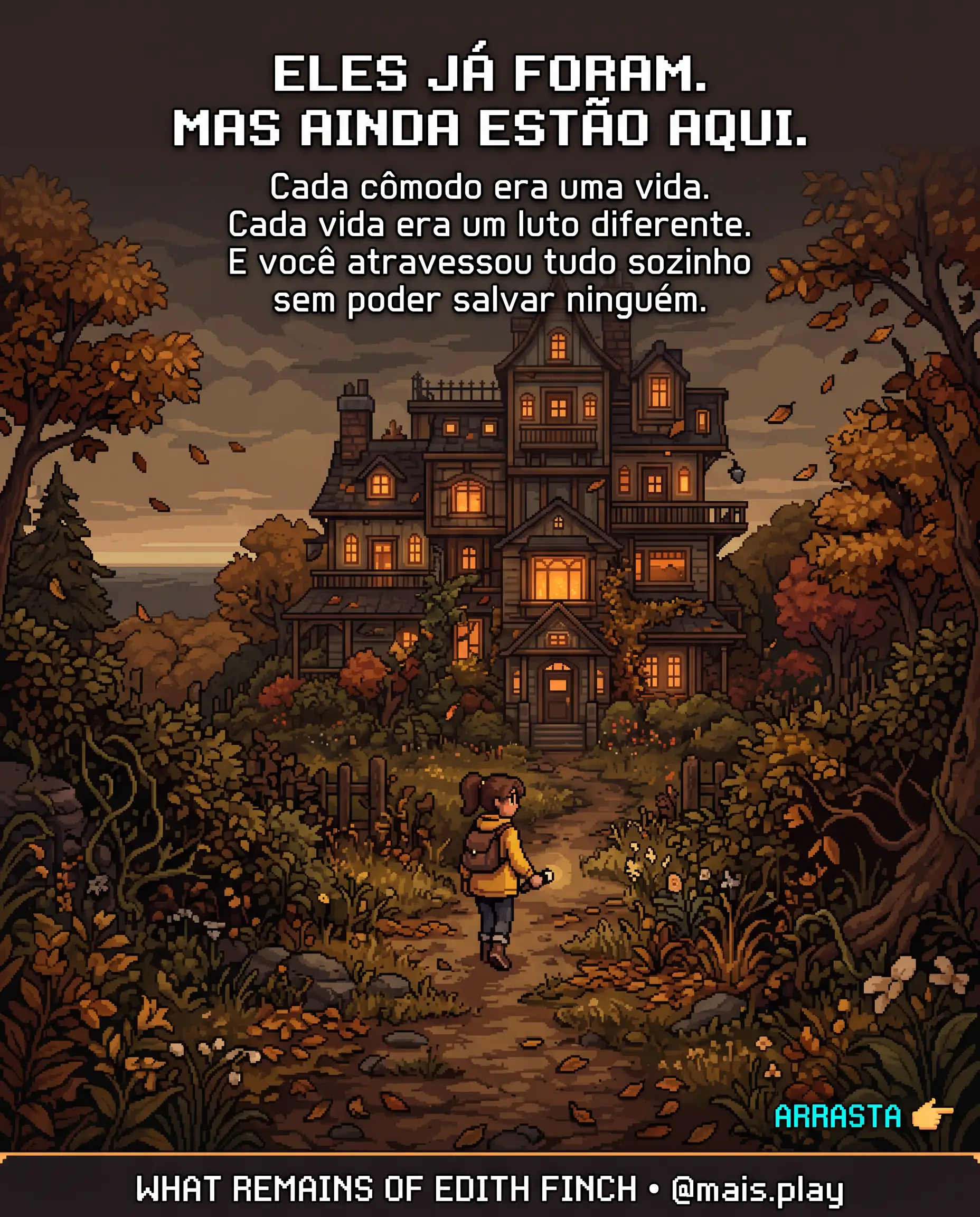 Edith Finch em pixel art estilo JRPG — What Remains of Edith Finch, jovem sozinha caminhando em direção à casa da família entre folhas de outono
