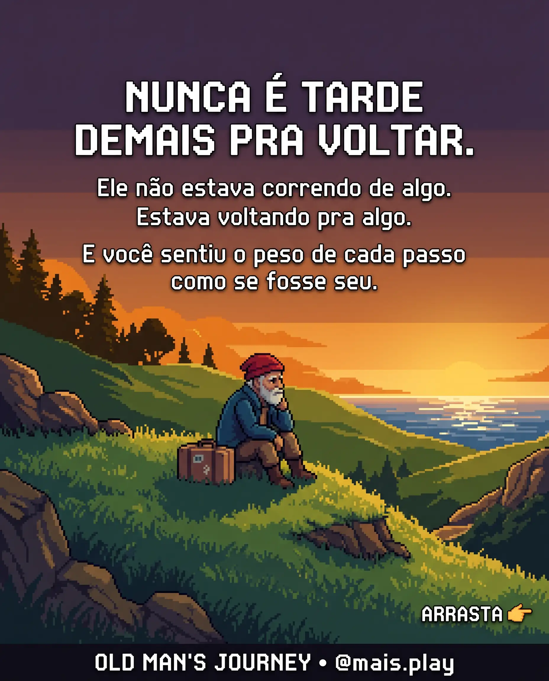 Homem idoso em pixel art estilo JRPG — Old Man's Journey, velhinho solitário sentado numa colina ao pôr do sol olhando para o mar distante