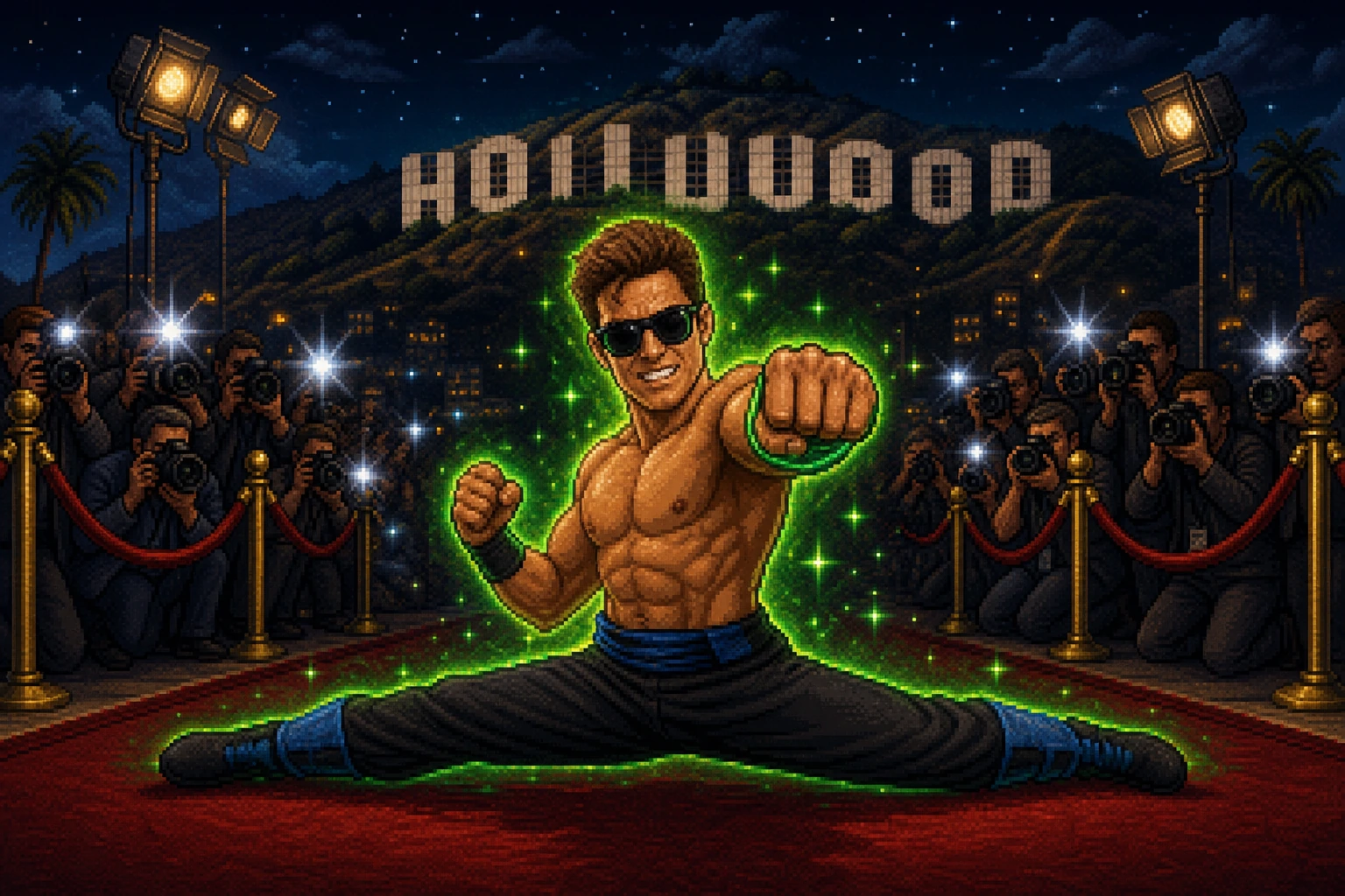 Johnny Cage executando o Split Punch com Hollywood ao fundo em estilo pixel art 16-bit Johnny Cage executando o Split Punch com Hollywood ao fundo em estilo pixel art 16-bit