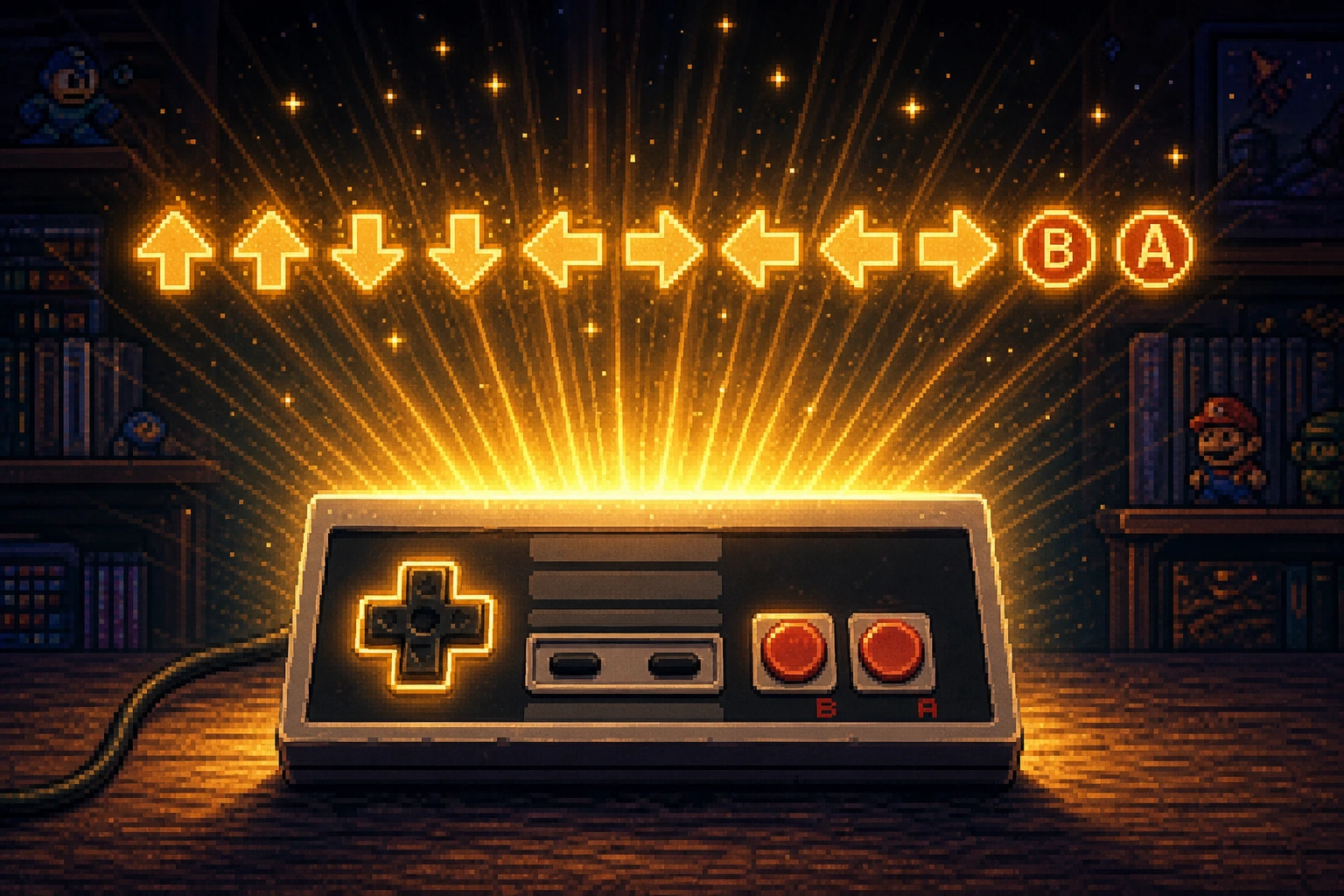 Controle de NES com o Código Konami iluminado em sequência épica Controle de NES com o Código Konami iluminado em sequência épica