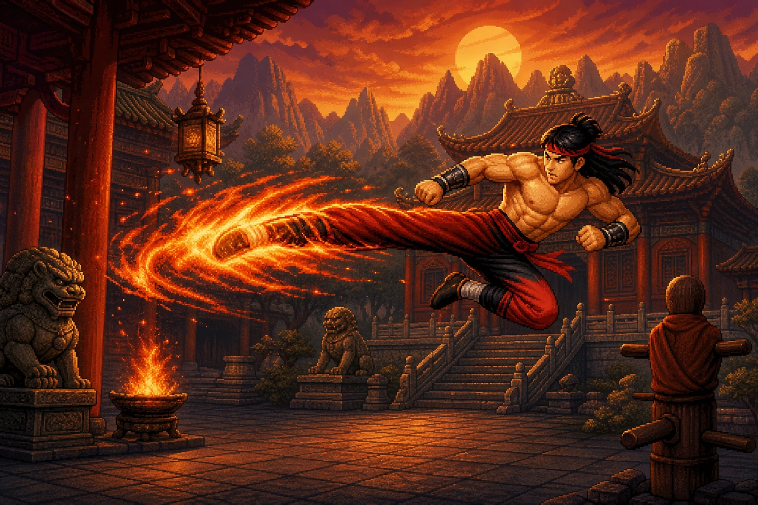 Liu Kang executando o Flying Kick flamejante em templo Shaolin no estilo pixel art 16-bit Liu Kang executando o Flying Kick flamejante em templo Shaolin no estilo pixel art 16-bit