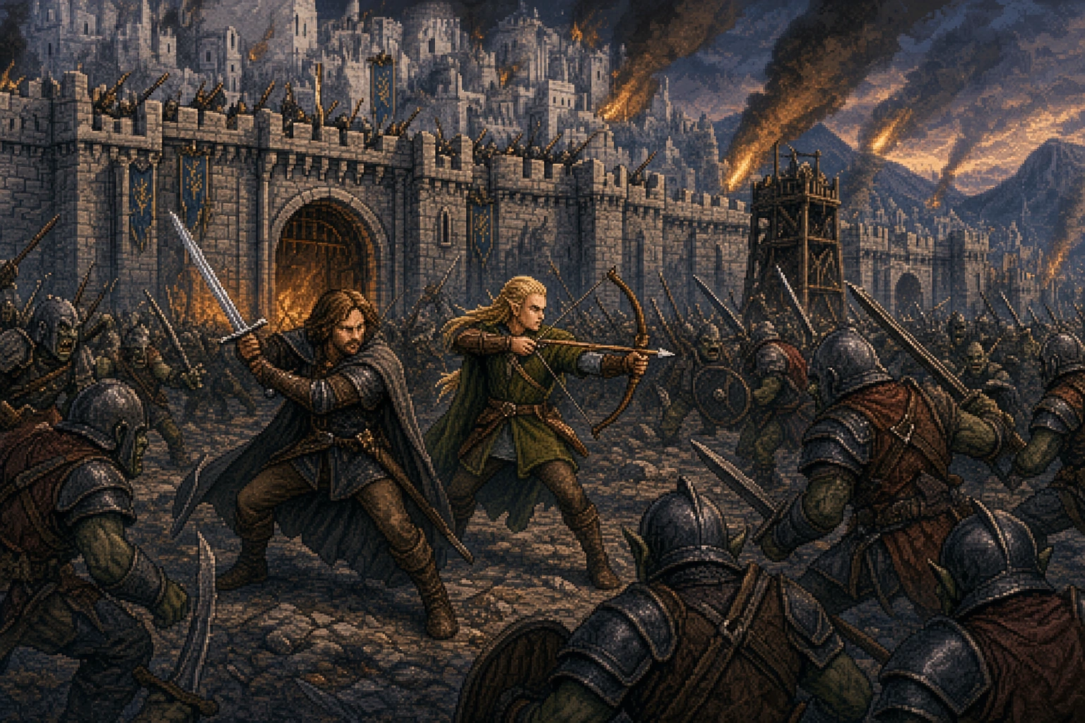 Aragorn e Legolas de O Senhor dos Anéis enfrentando o exército Orc em Minas Tirith em estilo pixel art Aragorn e Legolas de O Senhor dos Anéis enfrentando o exército Orc em Minas Tirith em estilo pixel art