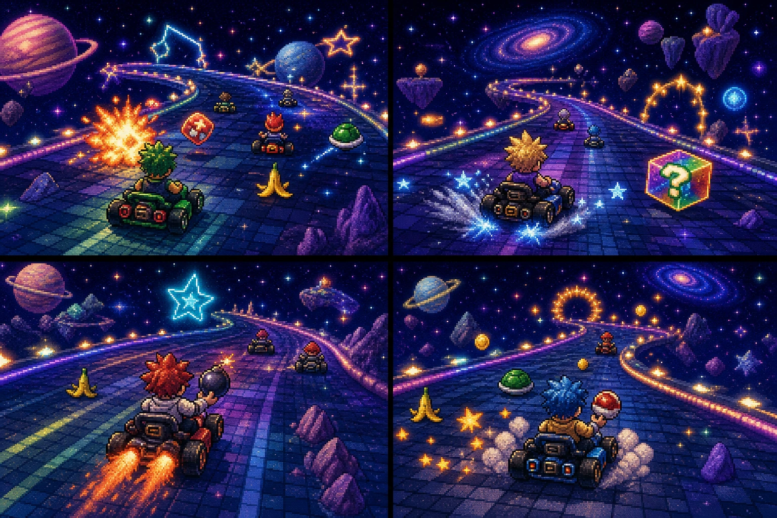 Mario Kart 64 com quatro jogadores em corrida no Rainbow Road em estilo pixel art colorido Mario Kart 64 com quatro jogadores em corrida no Rainbow Road em estilo pixel art colorido