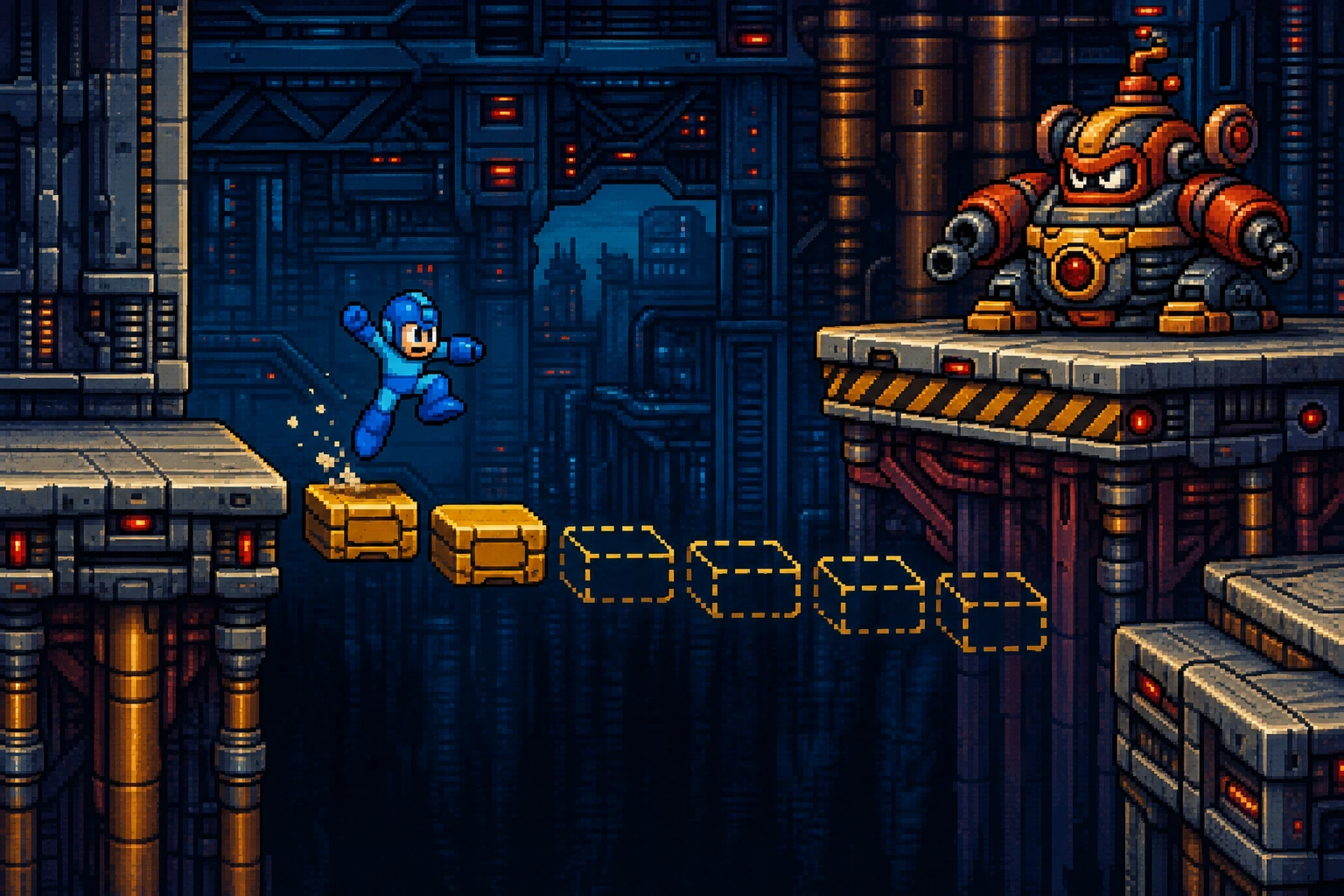 Mega Man saltando sobre blocos que desaparecem sobre um abismo com chefe robótico ao fundo Mega Man saltando sobre blocos que desaparecem sobre um abismo com chefe robótico ao fundo