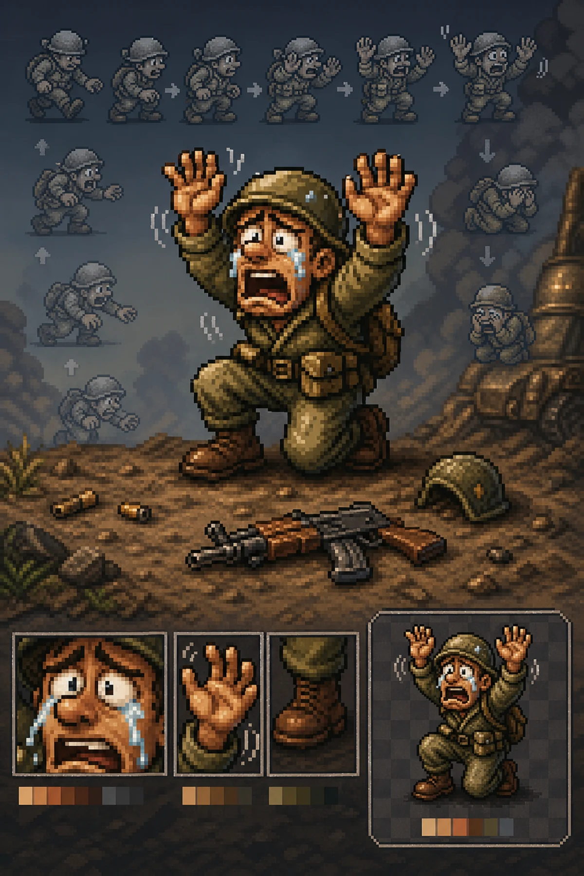 Detalhe de animação estilo Metal Slug mostrando soldado inimigo chorando em rendição com expressividade
