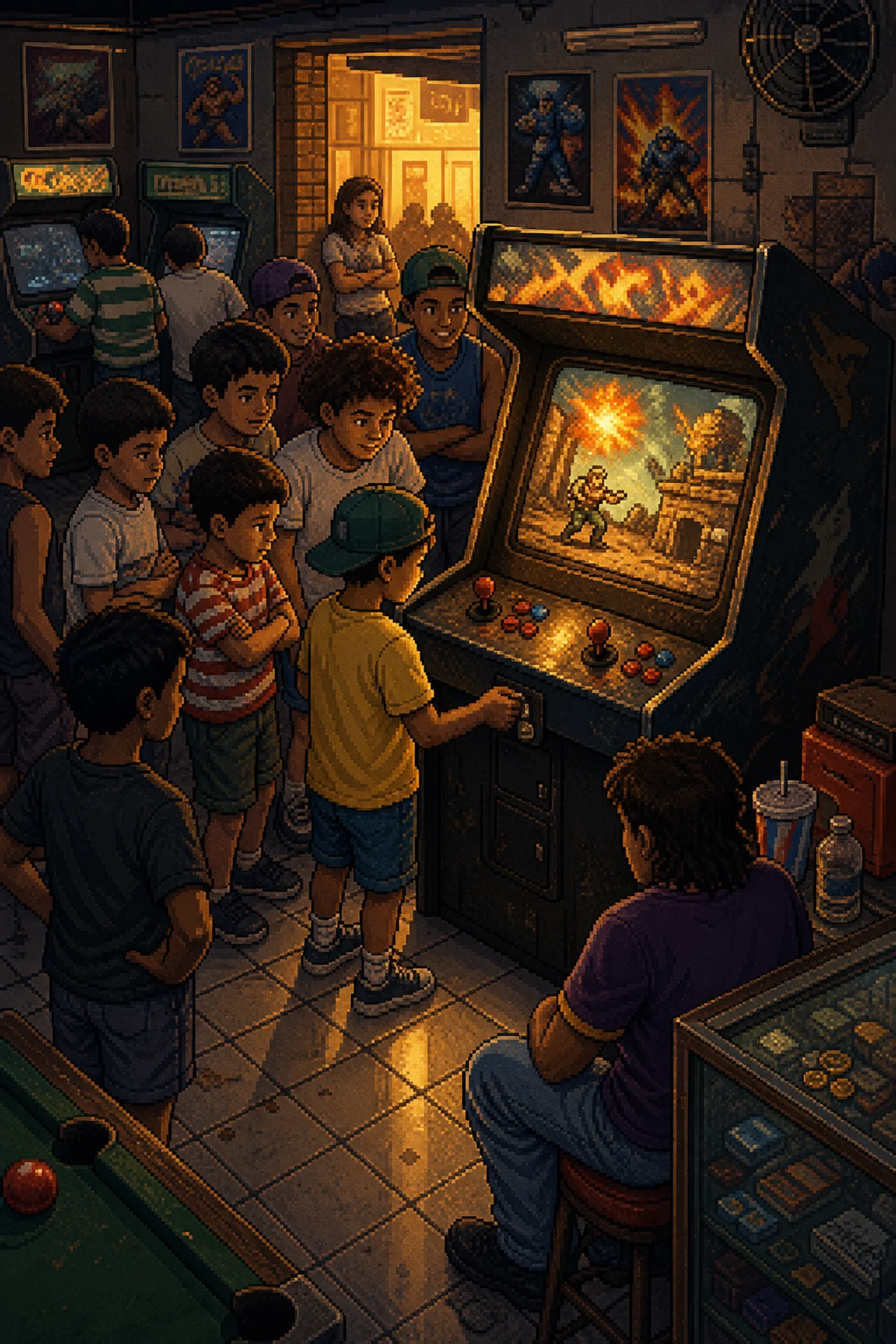 Fliperama brasileiro dos anos 90 com gabinete de Metal Slug rodeado de crianças animadas