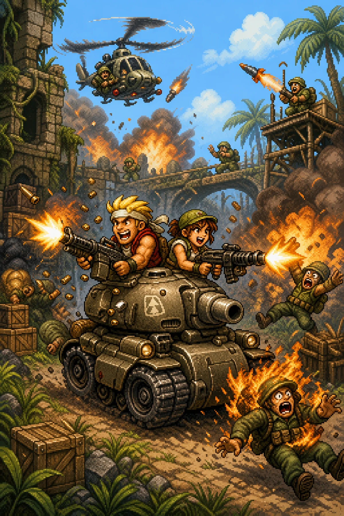 Marco e Tarma no tanque SV-001 em ação explosiva estilo Metal Slug com soldados inimigos fugindo