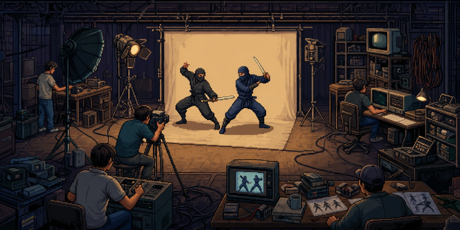 Bastidores da criação de Mortal Kombat com atores sendo digitalizados em estilo pixel art 16-bit Bastidores da criação de Mortal Kombat com atores sendo digitalizados em estilo pixel art 16-bit