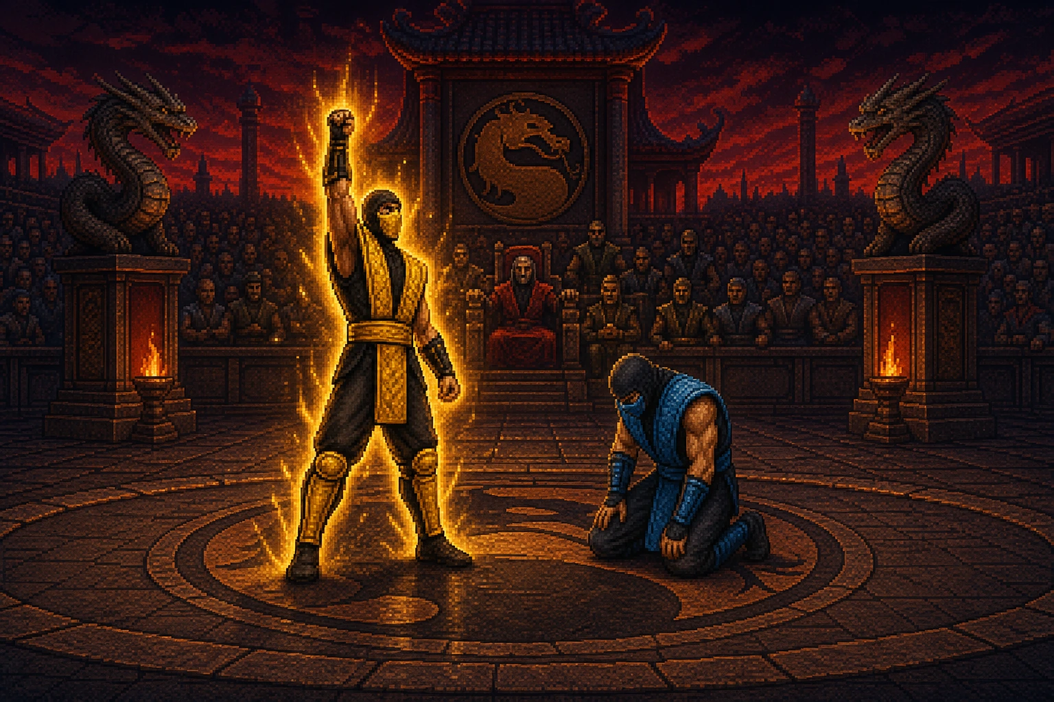 Momento dramático do Finish Him em arena do torneio em estilo pixel art 16-bit Momento dramático do Finish Him em arena do torneio em estilo pixel art 16-bit