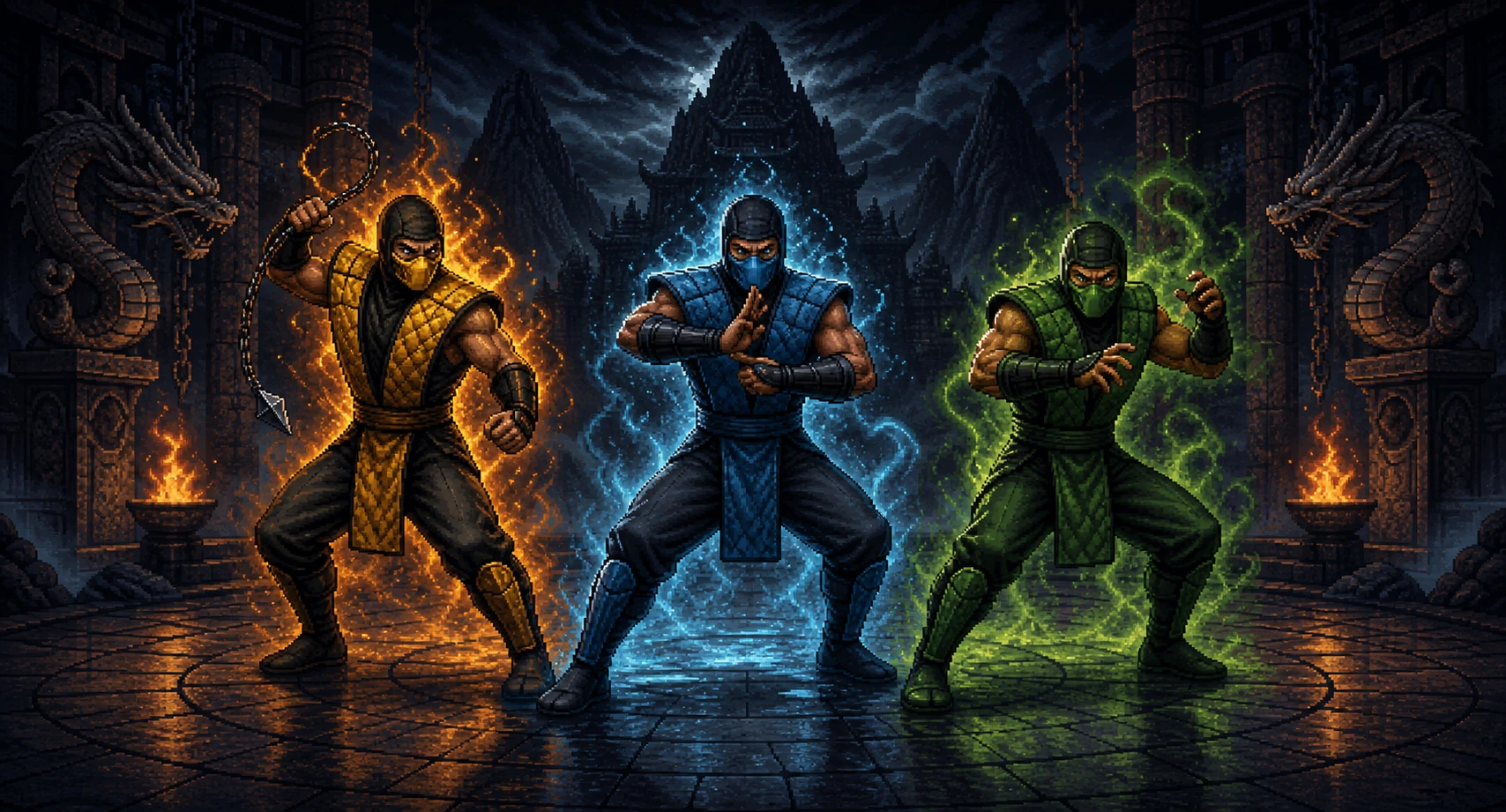 Os três ninjas coloridos de Mortal Kombat, Scorpion, Sub-Zero e Reptile lado a lado em estilo pixel art 16-bit Os três ninjas coloridos de Mortal Kombat, Scorpion, Sub-Zero e Reptile lado a lado em estilo pixel art 16-bit